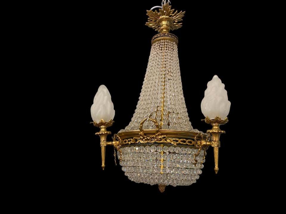 photo for sale 20th Century Ormolu And Glass Tent And Bag Chandelier