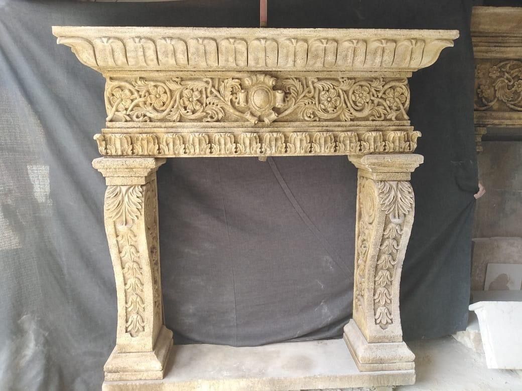 Solid Sandstone Fireplace Mantle With Floral Design – 20th Century photo furniture