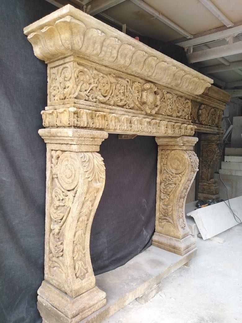 Solid Sandstone Fireplace Mantle With Floral Design – 20th Century photo vinterior