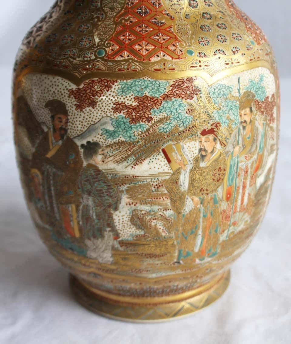 19th Century Ceramic Japanese Satsuma Vases, Meiji Period, Geometric Design photo furniture