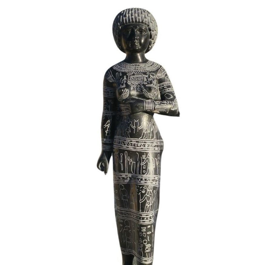 Black Marble Female Sculpture With Engraved Egyptian Hieroglyphs On Marble Base photo 5500.0