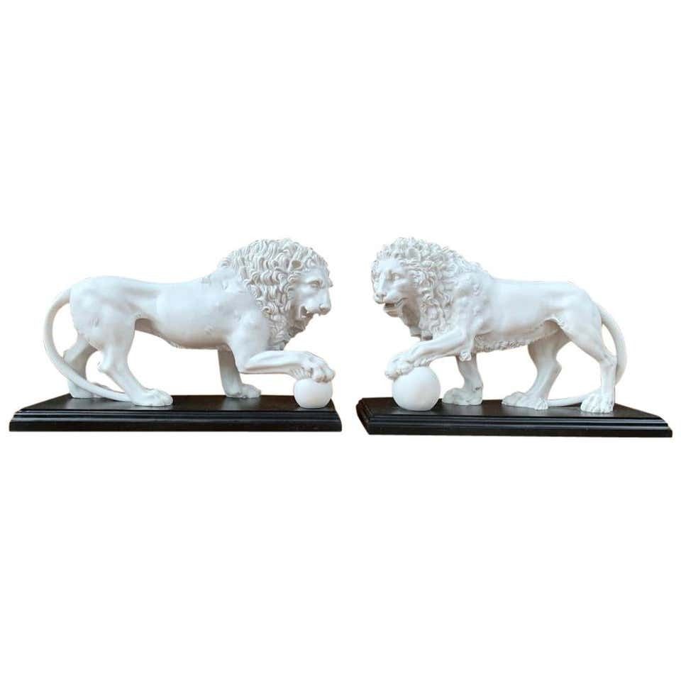 Pair Of Marble Lion Gatekeeper Statues, Large Cat Castings