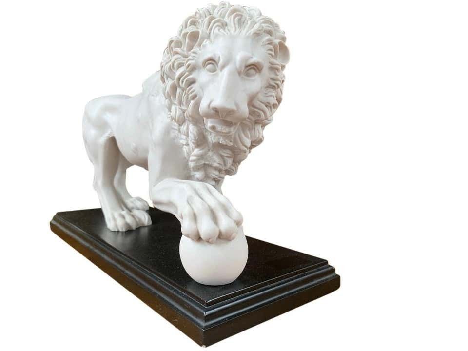 Pair Of Marble Lion Gatekeeper Statues, Large Cat Castings photo for sale