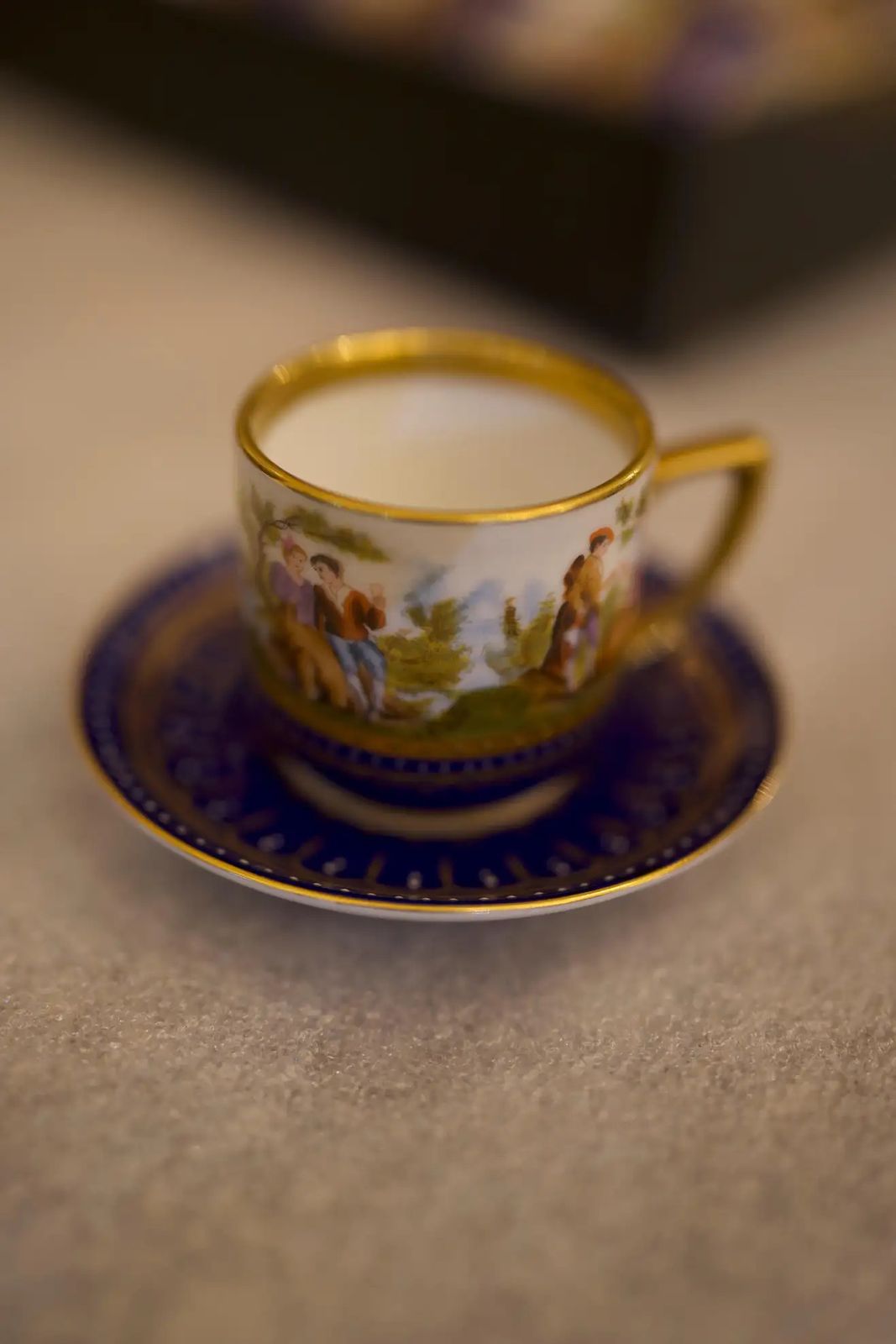 19th Century Porcelain, 12 Piece Painted Cups And Saucers Cobalt Blue photo for sale