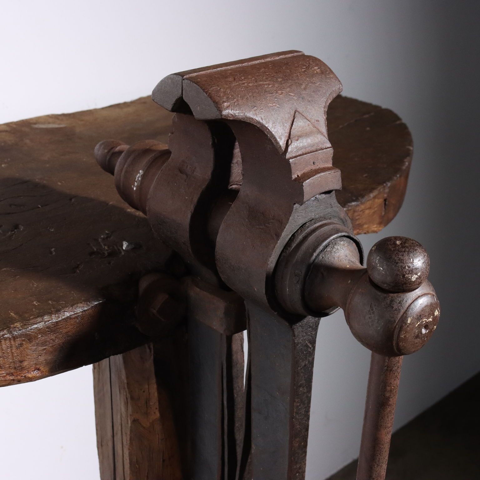 Antique Shelf Oak Wrought Iron Vise Italy XX Century Restored photo for sale