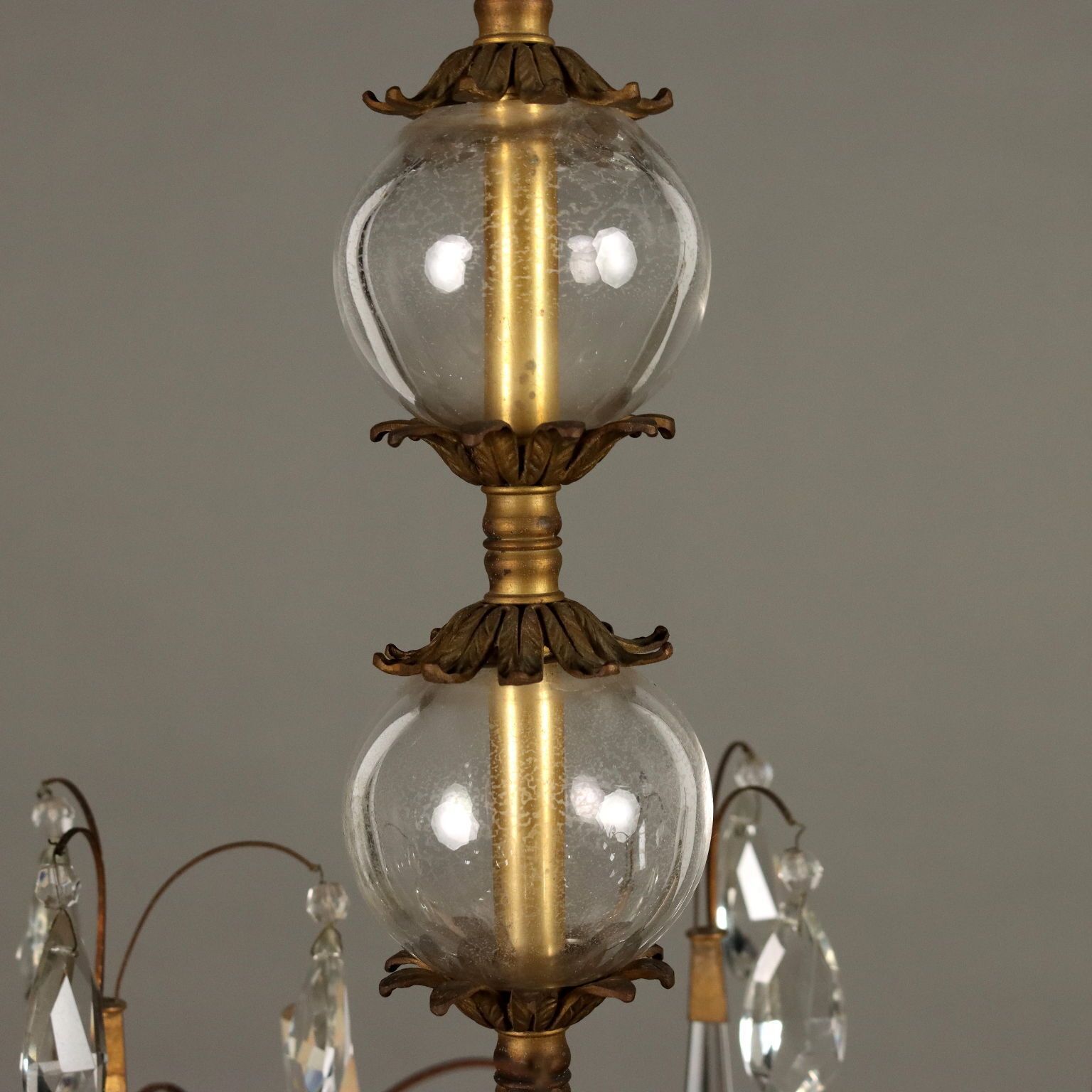 Antique Chandelier Burnished Metal 6 Branches Glass Italy XX Century photo Lighting