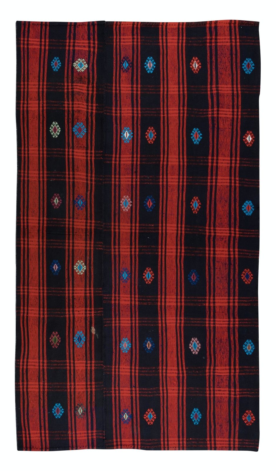 4.6x8 Ft Vintage Hand Woven Kilim, Anatolian Rug In Red, Navy Blue & Black