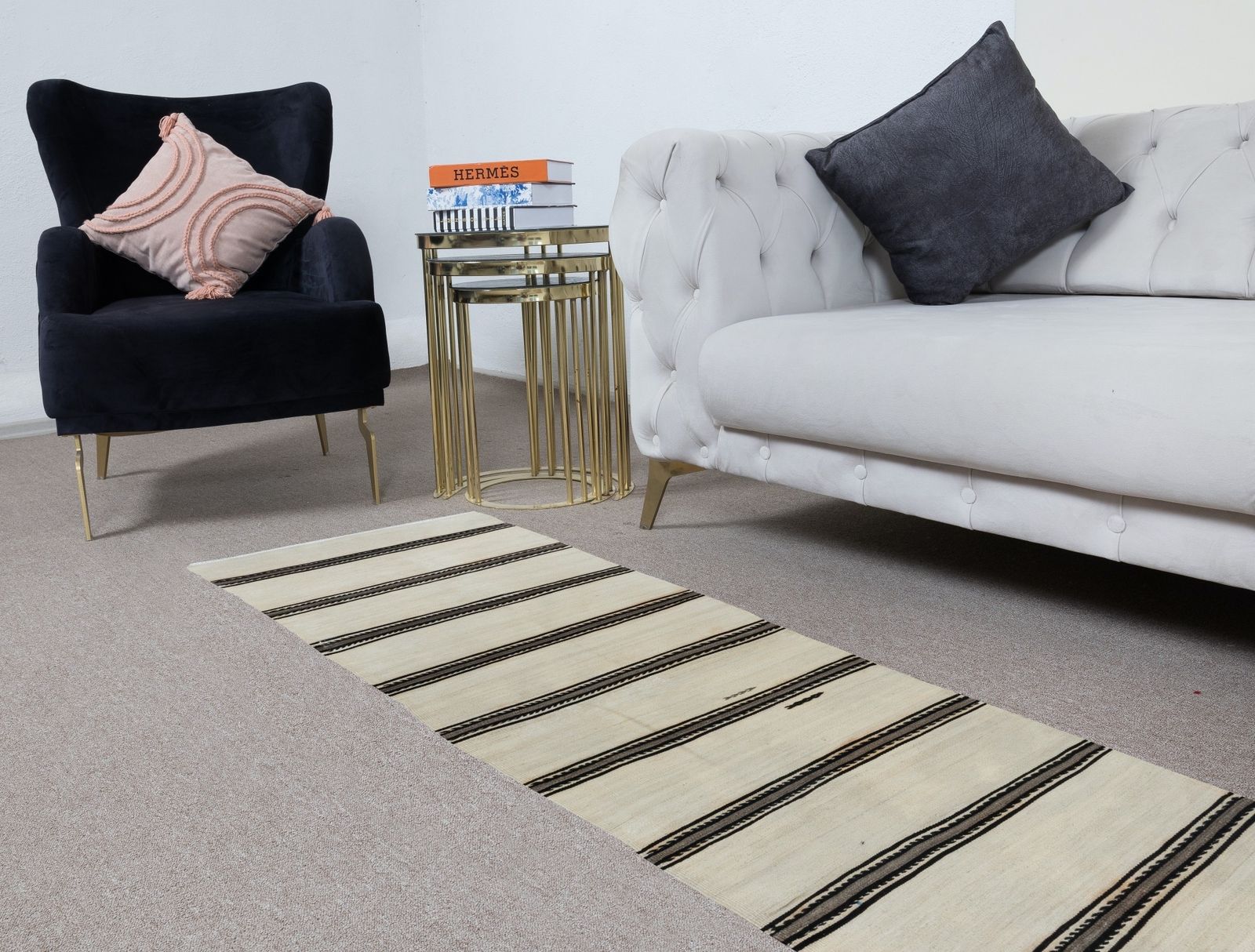 2.2x17.6 Ft Handmade Cream Narrow & Long Runner Kilim With Black & Gray Stripes photo furniture