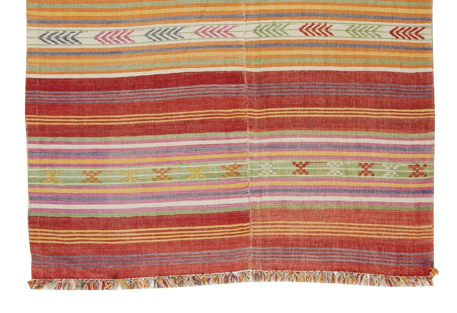 5.8x7.8 Ft Banded Handmade Vintage Turkish Kilim Rug Made Of Wool, Reversible photo 457.0