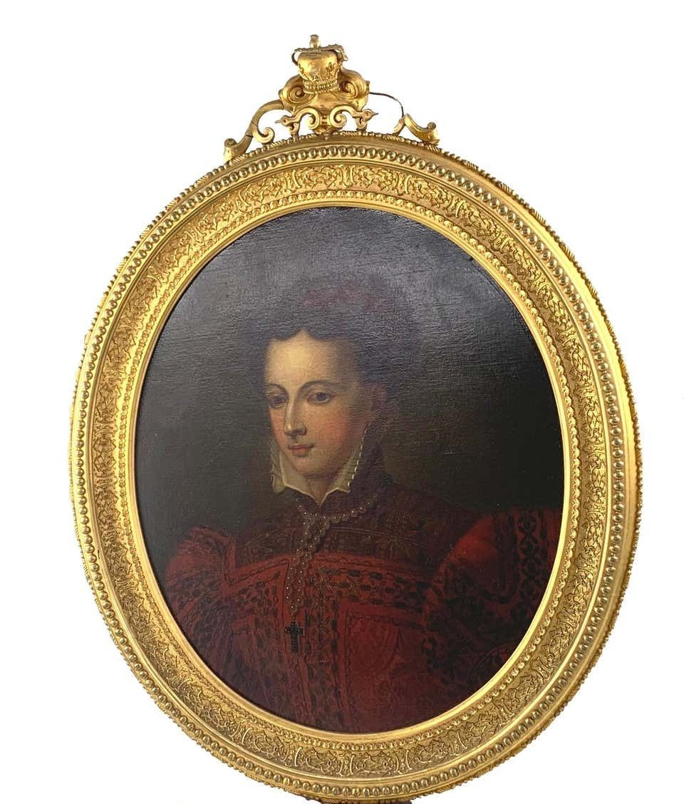19th Century Continental Oil On Canvas Of A Lady In 16th Century Dress photo vinterior