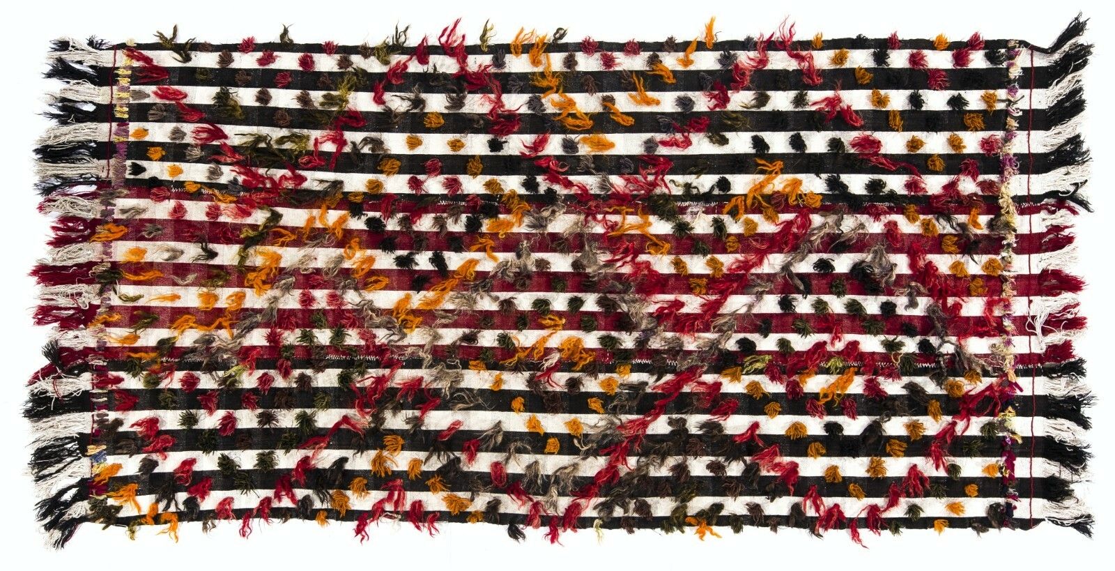 4.2x8.6 Ft Banded Tribal Kilim Rug With Colorful Poms. Floor Cover, Bed Cover photo Textiles