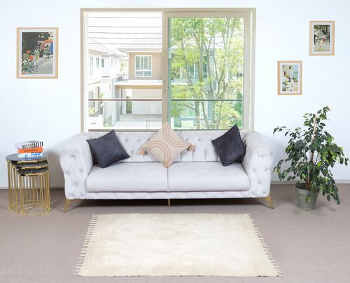 3.7x5.6 Ft New Flat Weave Kilim Rug Made Of Goat's Wool, Plain Cream Bed Cover photo furniture