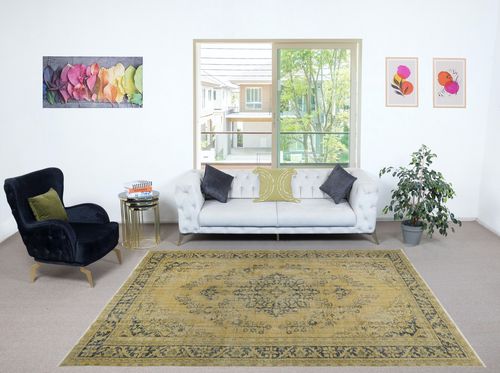 7.2x9.5 Ft Rustic Unique Handmade Area Rug, 1960s Sun Faded Turkish Carpet photo furniture