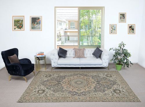 7x10.5 Ft Vintage Handmade Turkish Wool Area Rug In Soft, Muted Colors photo furniture