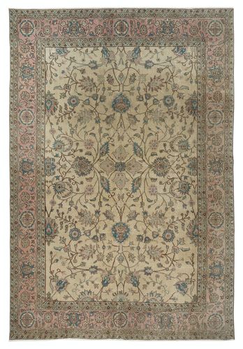 8x11.6 Ft Handmade Rug With Floral Design And Beige Field. Vintage Large Carpet