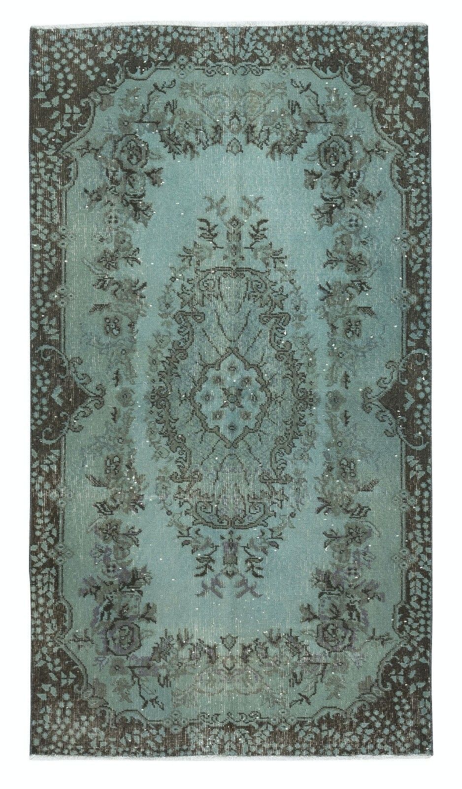 4x7 Ft Contemporary Handmade Turkish Area Rug Over Dyed In Blue. Floor Covering