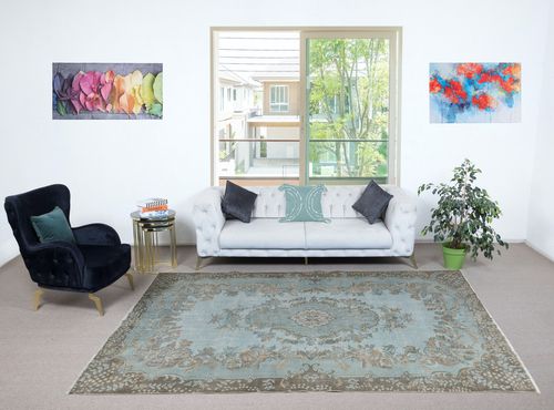 6.8x10.4 Ft Hand Knotted Light Blue Color Rug, Medallion Design Turkish Carpet photo furniture