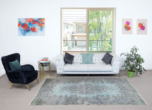 5.6x9.6 Ft Light Blue Color Handmade Turkish Wool Area Rug For Modern Interiors photo furniture