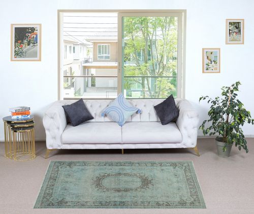 3.7x6.7 Ft Blue Color Overdyed Handmade Turkish Small Rug With Baroque Design photo furniture