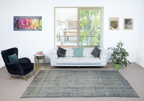 6x10.4 Ft Distressed Blue Area Rug For Contemporary Interior, Handmade In Turkey photo furniture