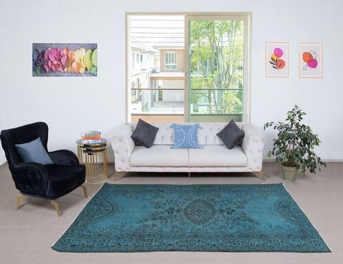 5.5x9 Ft Handmade Turkish Area Rug Over Dyed In Blue. Modern Floor Covering photo furniture