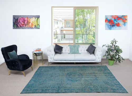 6.5x9.2 Ft Teal Blue Area Rug For Modern Interiors, Handmade In Turkey photo furniture