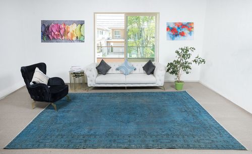 9x12.2 Ft Hand Knotted Blue Color Large Area Rug, Modern Handmade Turkish Carpet photo furniture