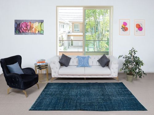 5.3x8.4 Ft Modern Handmade Turkish Area Rug Over Dyed In Solid Navy Blue Color photo furniture