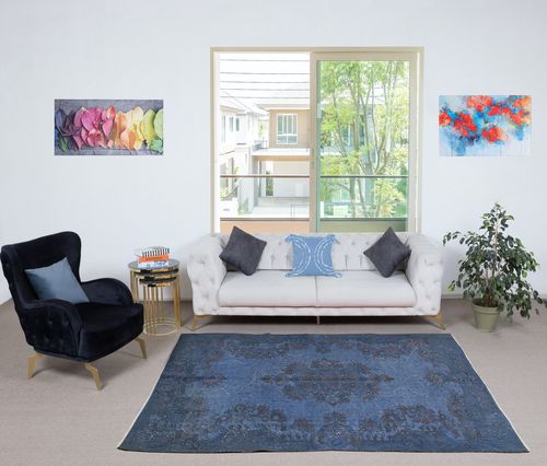 5.7x8 Ft Modern Handmade Turkish Wool Area Rug In Blue. Low Pile Floor Covering photo furniture
