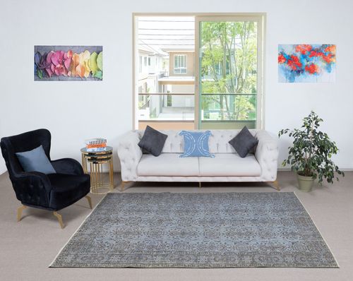 5.8x9 Ft Contemporary Handmade Turkish Wool Area Rug Over Dyed In Blue Color photo furniture