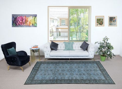 6x9.4 Ft Contemporary Handmade Blue Color Turkish Area Rug With Floral Design photo furniture