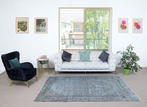 6x8.6 Ft Contemporary Handmade Turkish Area Rug Over Dyed In Light Blue photo furniture