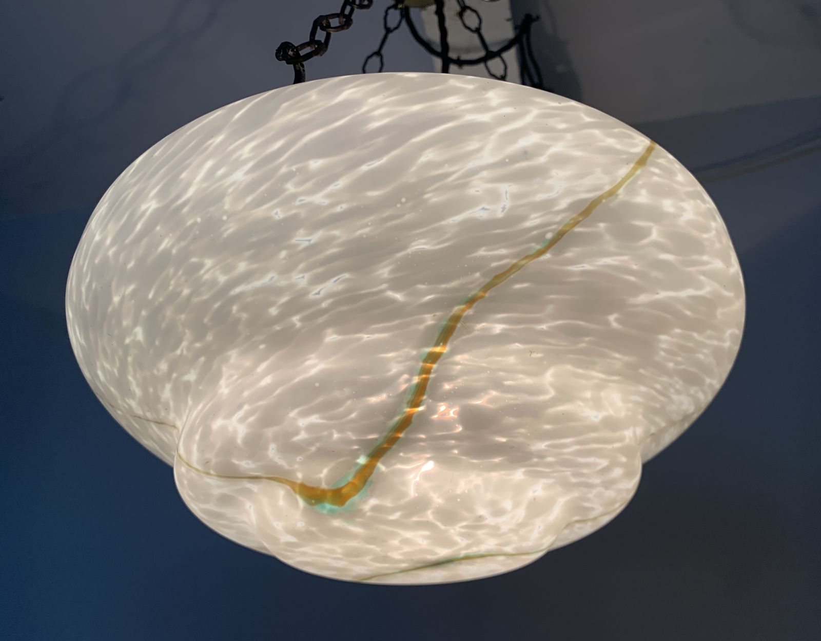 photo furniture Classic Art Deco Fluted Soft White Marbled Glass Plafonnier With Green Highlights C.1920, Restored And Rewired Ready To Be Placed.