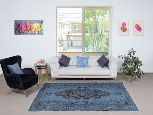 5.2x8.8 Ft Contemporary Handmade Turkish Area Rug In Blue. Woolen Floor Covering photo furniture