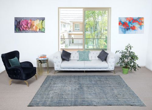 6.6x8.6 Ft Blue Area Rug For Modern Interiors, Handmade In Turkey photo furniture