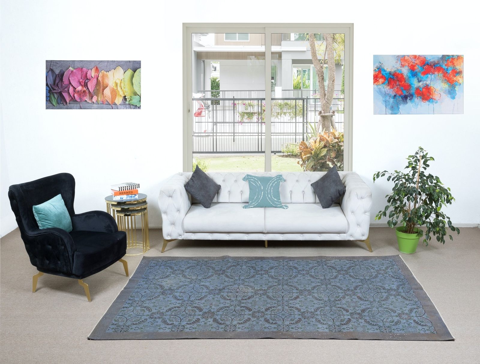 6x9.3 Ft Handmade Floral Turkish Rug With Solid Border & Light Blue Background photo furniture