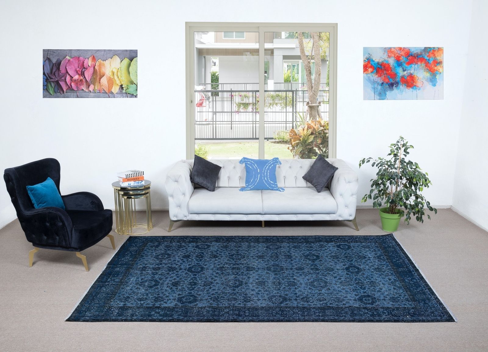 6.4x10.6 Ft Hand Knotted Floral Rug, Blue Modern Turkish Carpet For Living Room photo furniture