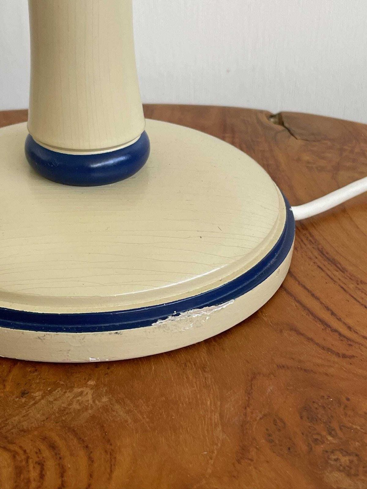 Vintage Scandi Wooden Table Lamp In Blue And Cream With Simple Blue Shade photo for sale