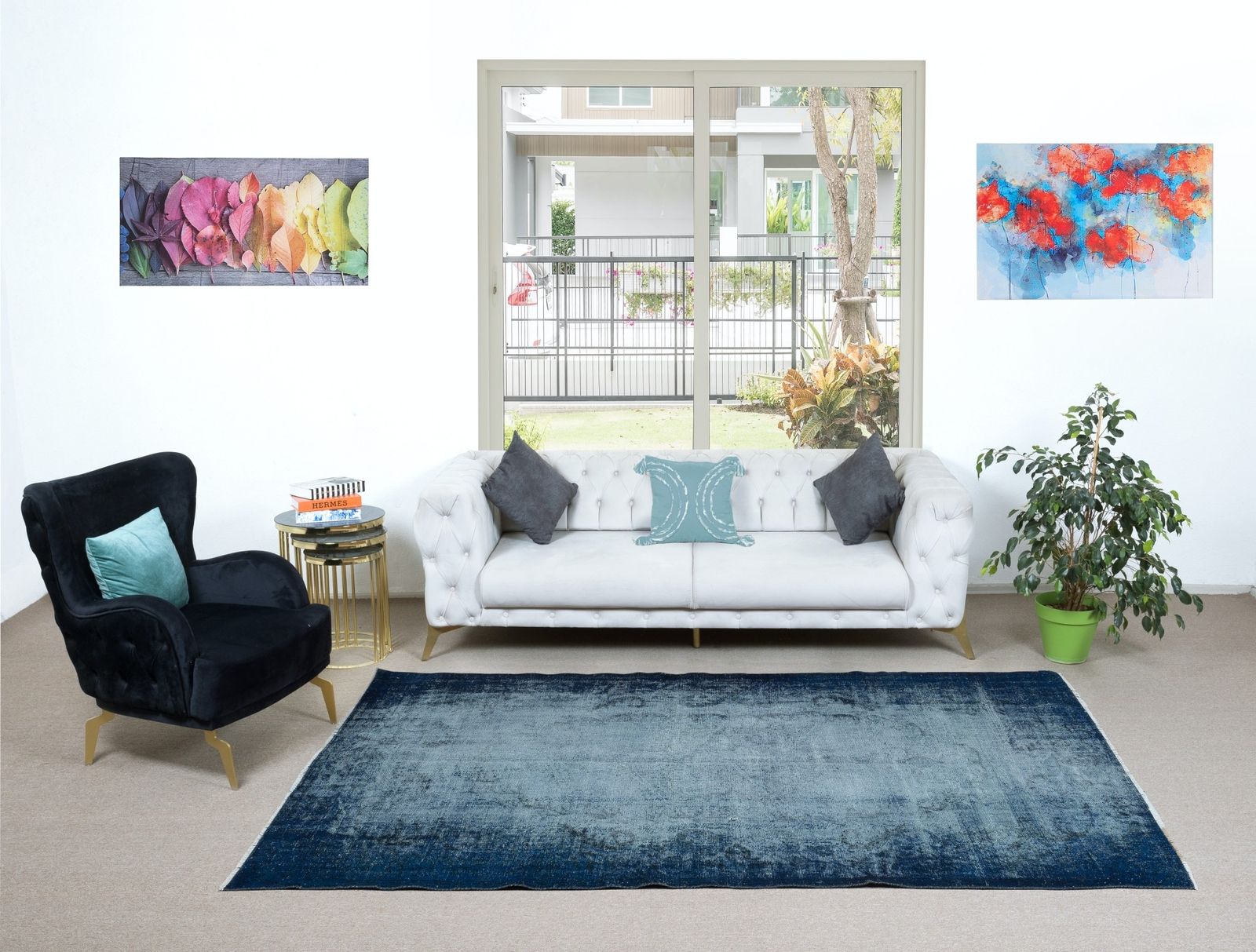 5.8x9 Ft Distressed Handmade Navy Blue Area Rug, Modern Turkish Carpet photo furniture