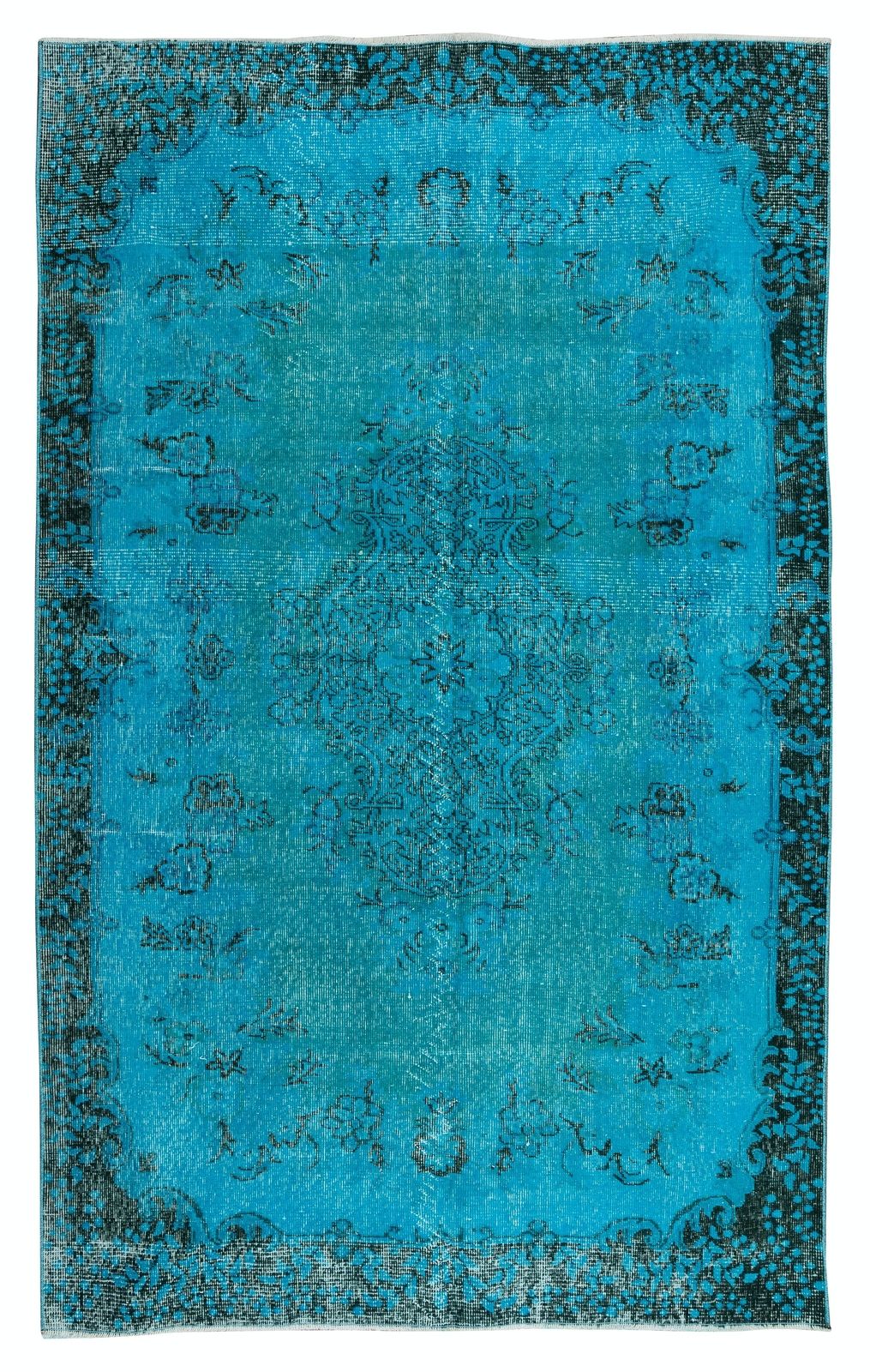 5.4x8.8 Ft Modern Handmade Area Rug. Vintage Turkish Carpet Over Dyed In Teal