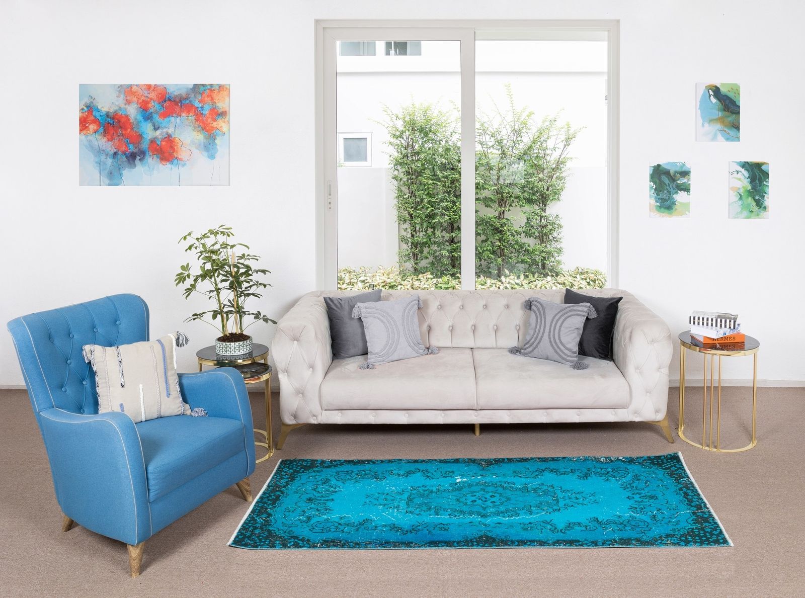 3.7x6.9 Ft Handmade Vintage Turkish Rug Redyed In Teal, Ideal 4 Modern Interiors photo furniture