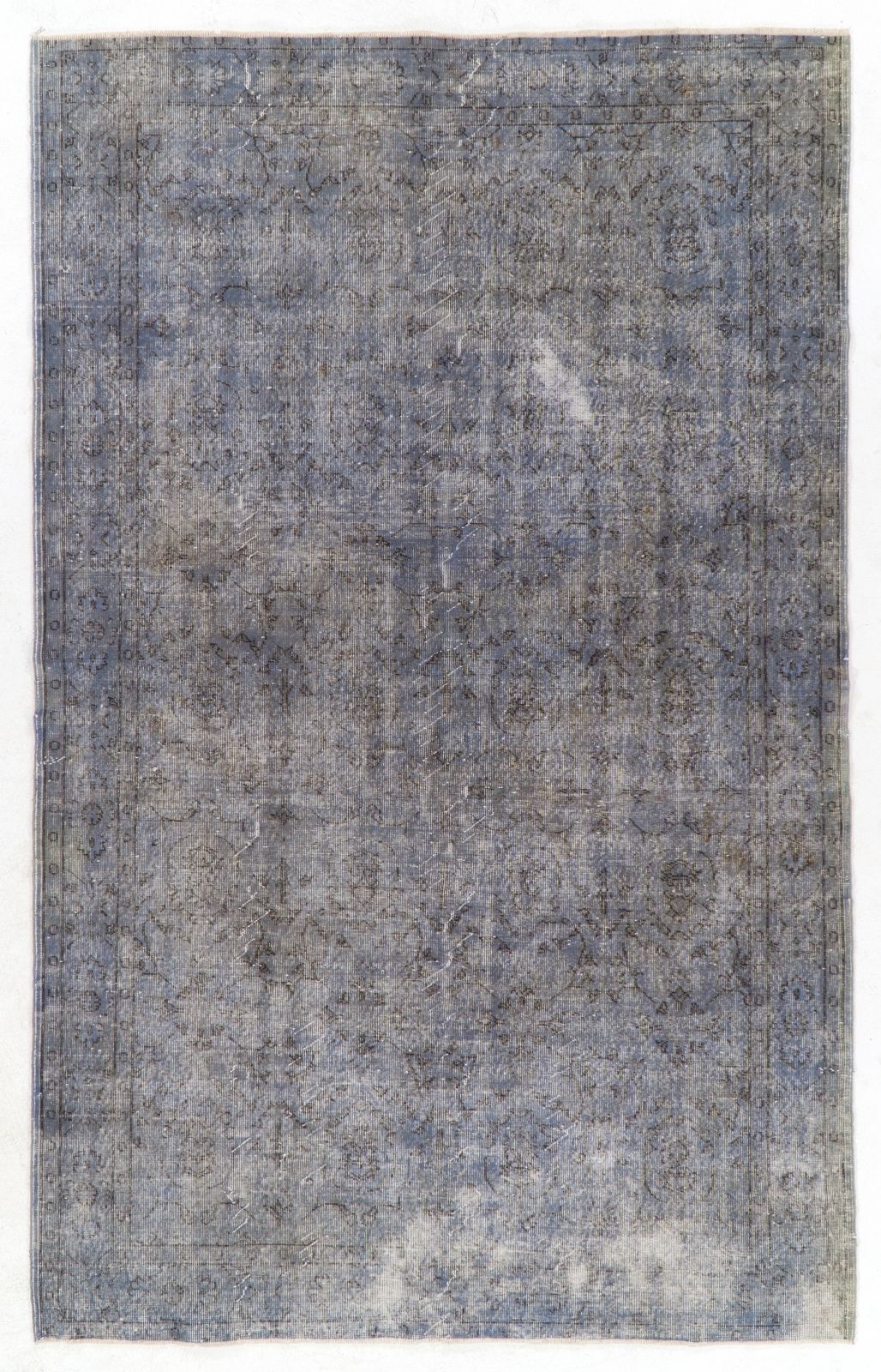 6.4x10.4 Ft Distressed Handmade Vintage Floral Turkish Rug Redyed In Light Blue