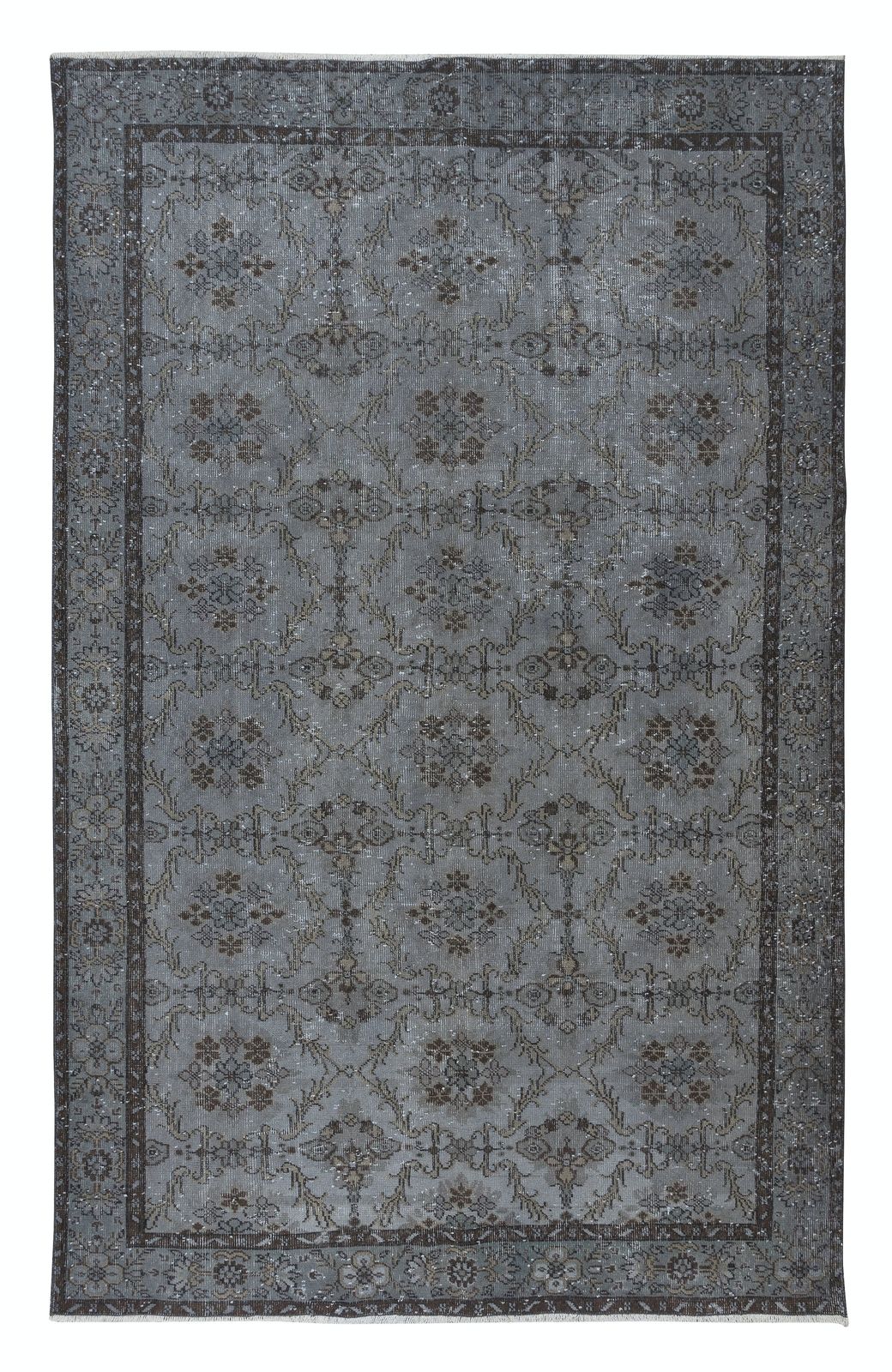 6.4x9.8 Ft Handmade Turkish Rug With Botanical Design And Gray Background