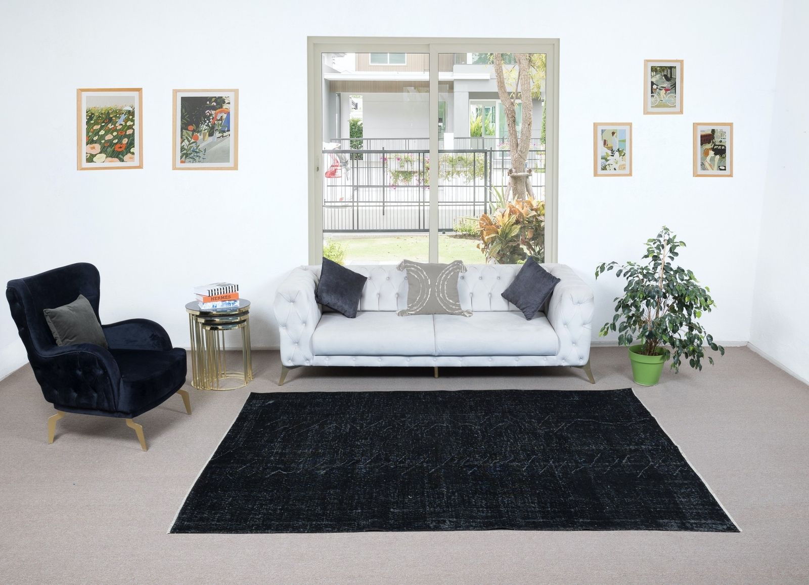 6.4x9 Ft Plain Black Area Rug, Handknotted And Handwoven In Isparta, Turkey photo furniture