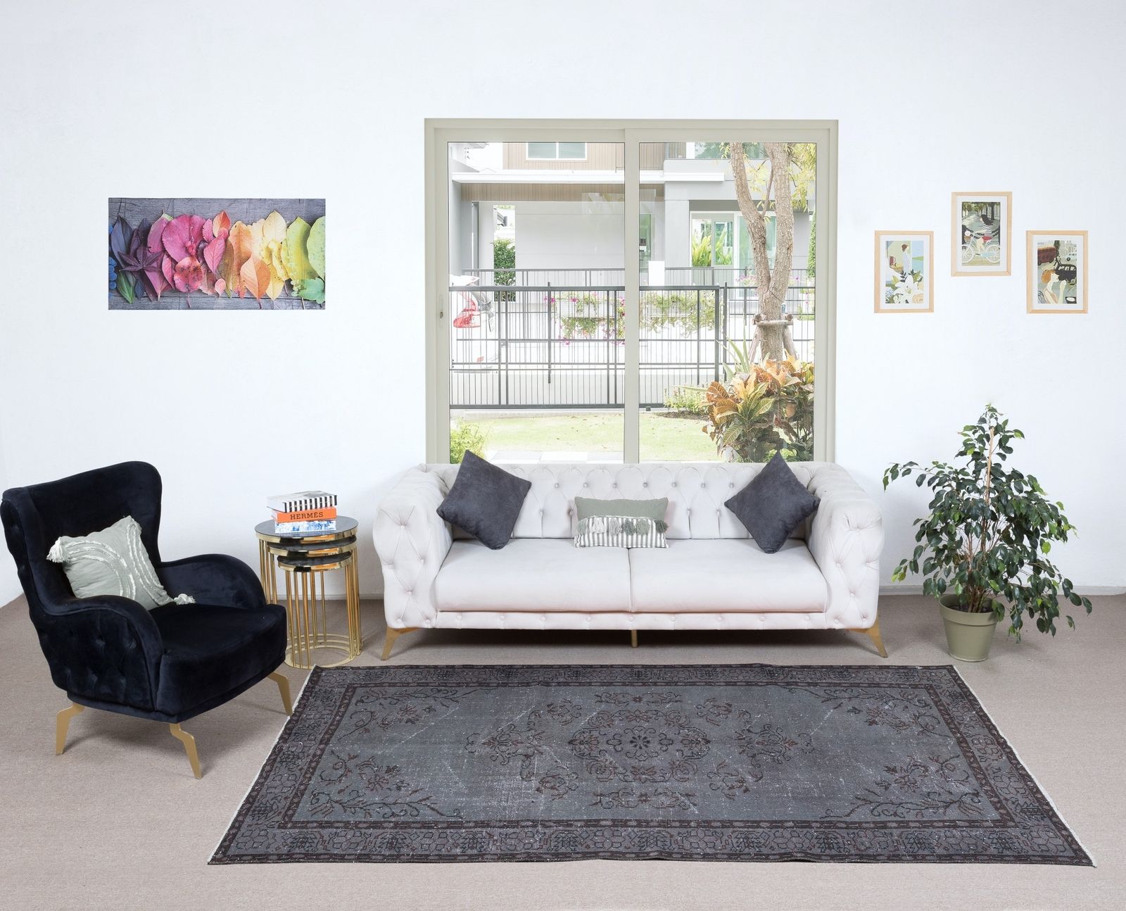5.6x9.4 Ft Modern Gray Handmade Area Rug, Turkish Carpet With Medallion Design photo furniture