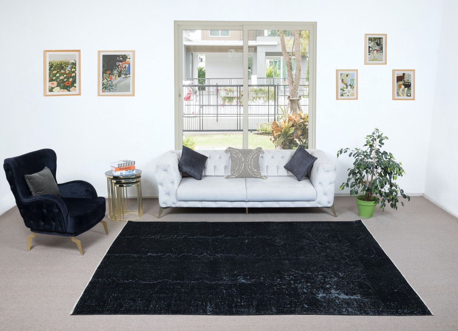 7x9.8 Ft Plain Black Over Dyed Turkish Area Rug, Handmade Vintage Large Carpet photo furniture
