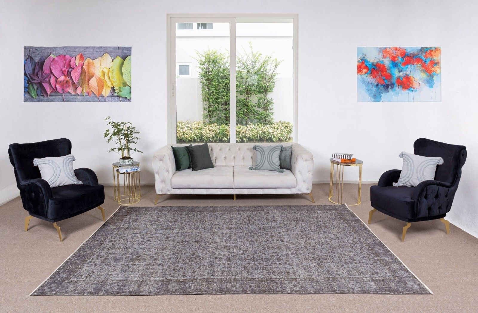 6.7x10.2 Ft Gray Over Dyed Rug, Vintage Floral Hand Knotted Turkish Carpet photo furniture