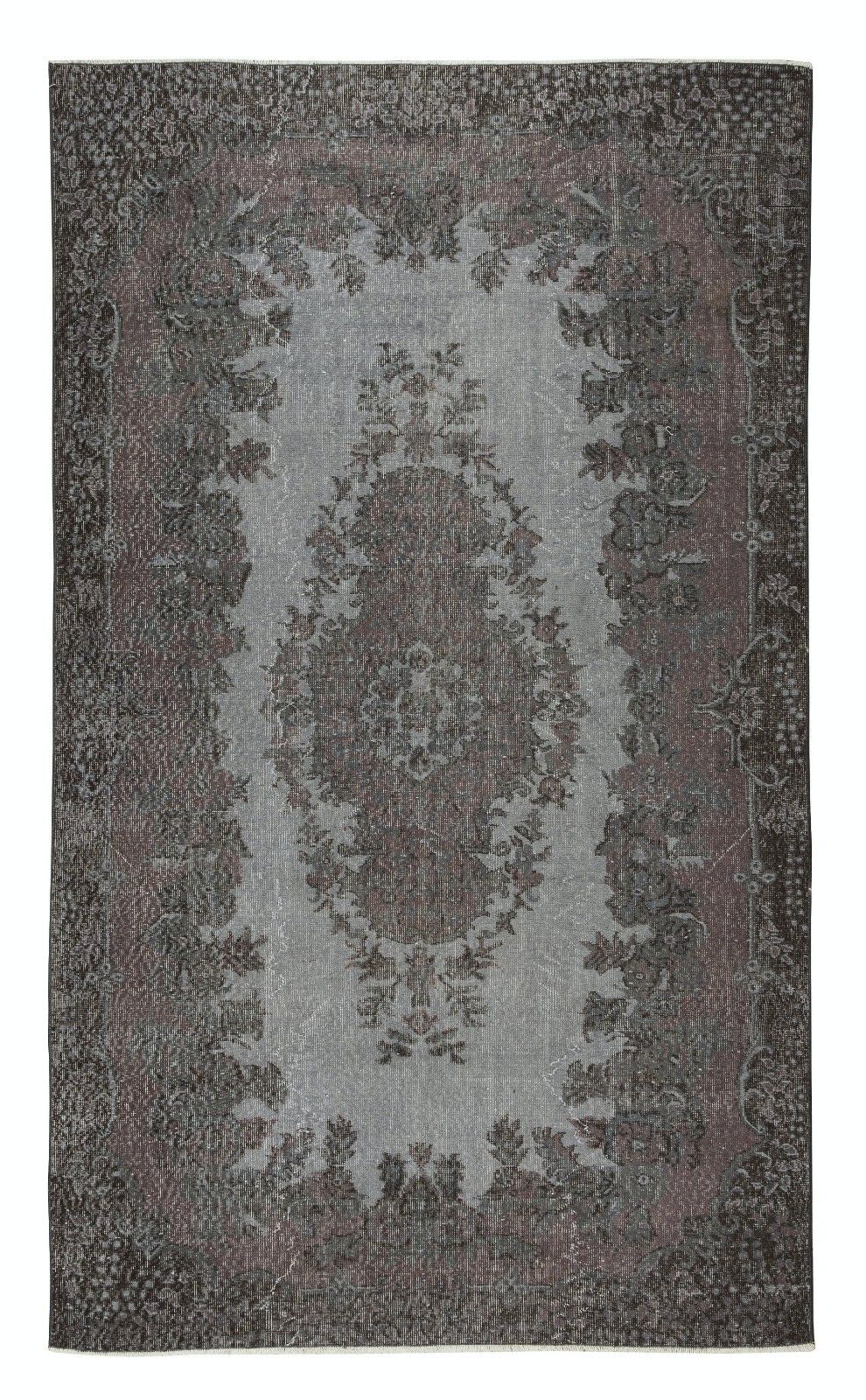 6x9.9 Ft Vintage Rug Over Dyed In Gray For Modern Interiors, Handmade In Turkey
