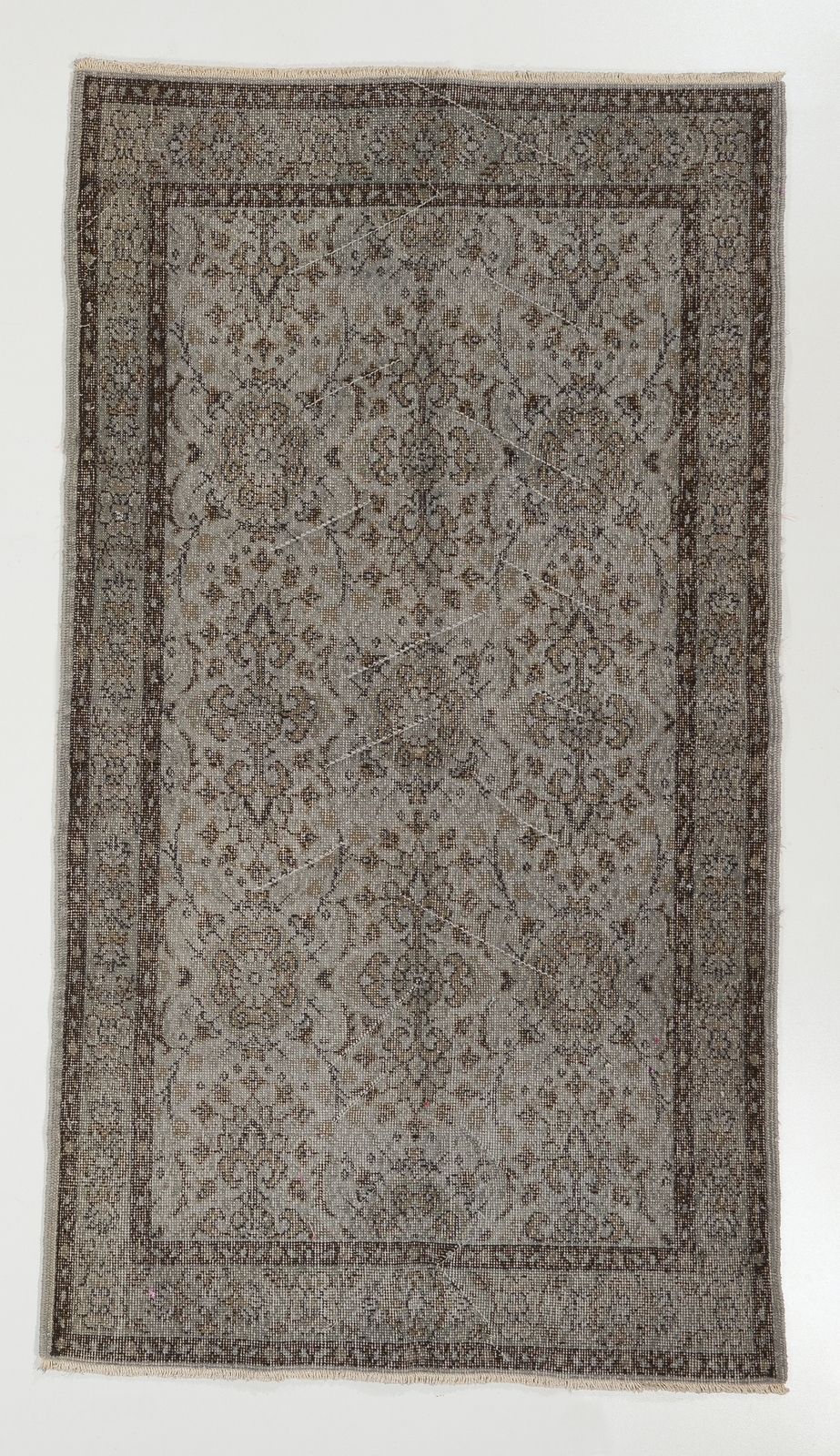 4x7 Ft Mid Century Floral Design Rug Over Dyed In Gray, Hand Knotted In Turkey
