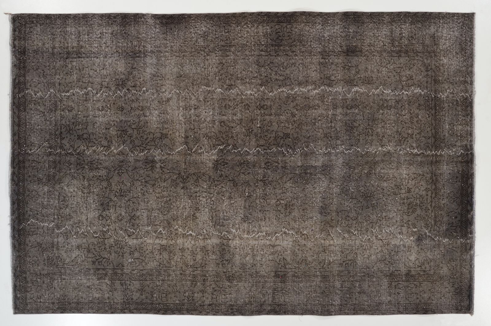 6.5x9.7 Ft Mid Century Area Rug Overdyed In Gray, Handknotted In Turkey photo furniture